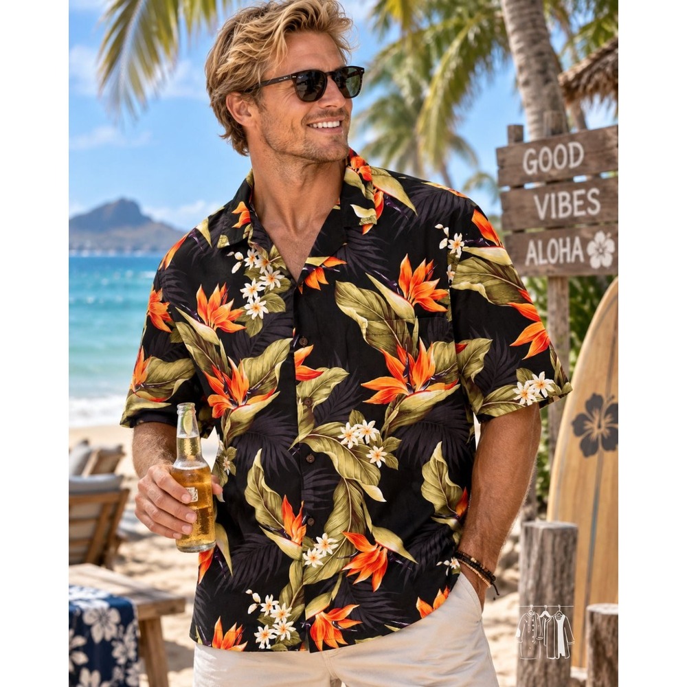 Pacific Legend Hawaiian Shirt Mens 2XL Black Orange Floral Excellent Vintage USA